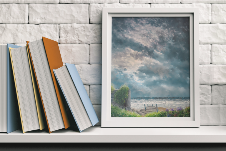 mockup of an art print placed by a book collection 36293 r el2 4
