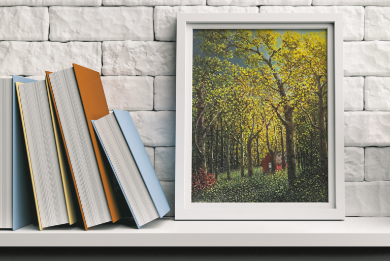 mockup of an art print placed by a book collection 36293 r el2 6