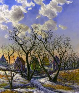 Winter painting with snow on small knolls. There is a small icy creek between the small hills. The sun is low behind the houses creating shadows.