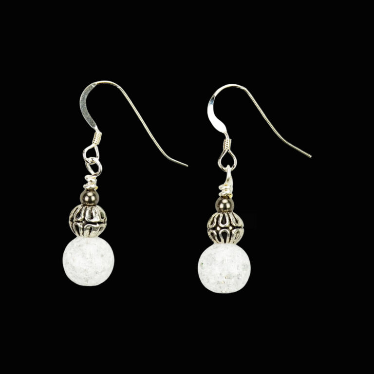 White Crackle Quartz earrings accented with Tibetan Silver. These earrings have Sterling Silver French ear wires.