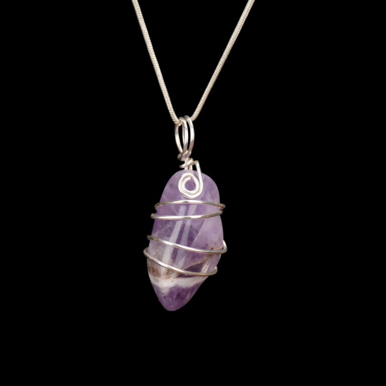 Amethyst polished stone wrapped in silver filled wire on a silver chain