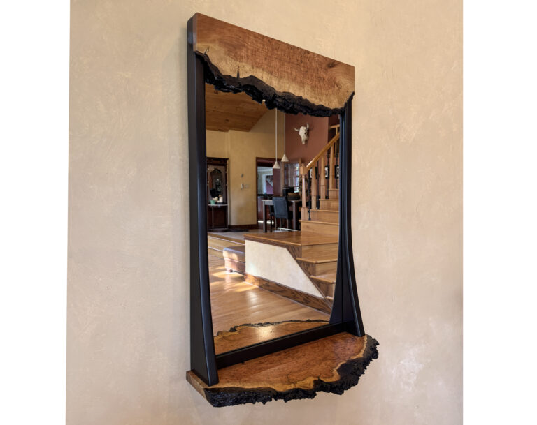 shelf, mirror, live edge, cherry, burl