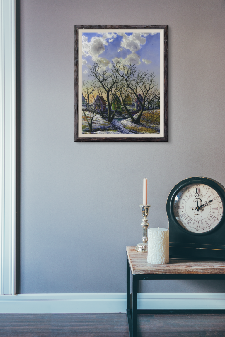 mockup of an art print frame in a room with a clock 3917 el1 1