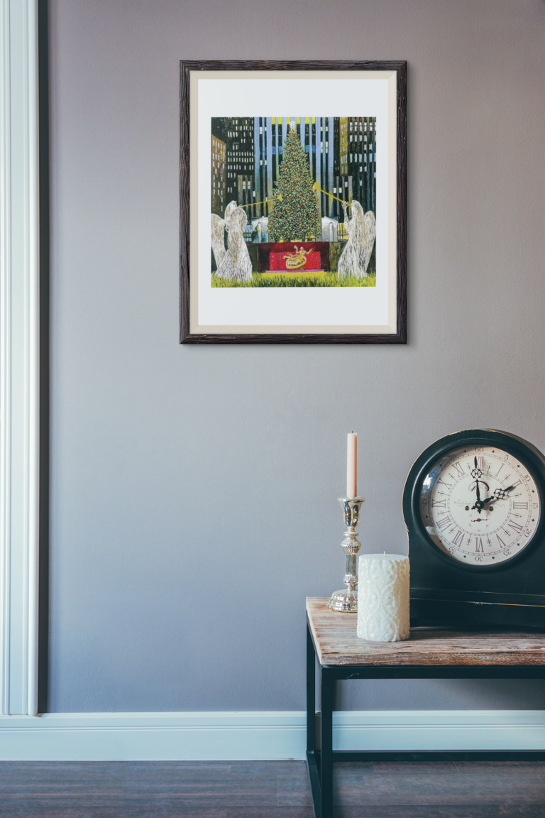 mockup of an art print frame in a room with a clock 3917 el1