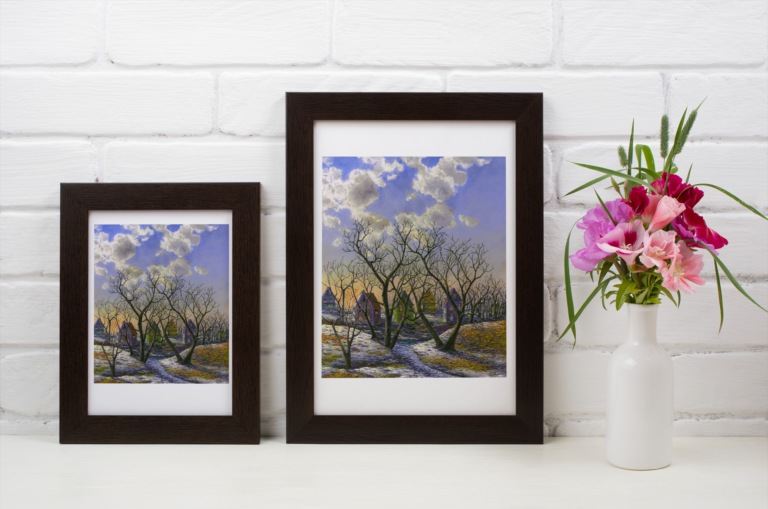 mockup of two art prints next to a flower vase 37138 r el2