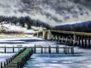 Painting of icy frozen river with deck extending onto it. A bridge on right is crossing to the other side with a riverbank of Winter grasses, that has a snowy hill with baron trees. Sky is a mix of dark moving clouds.