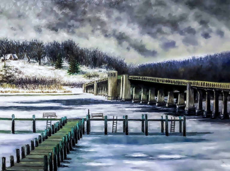 Painting of icy frozen river with deck extending onto it. A bridge on right is crossing to the other side with a riverbank of Winter grasses, that has a snowy hill with baron trees. Sky is a mix of dark moving clouds.