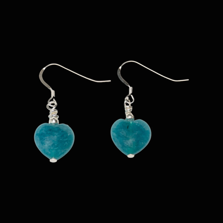 Teal blue stone heart earrings with silver ear wires.