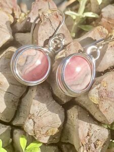 Beautiful gemstone tiny Rhodochrosite dangle earrings hand wrapped in sterling silver wire.
