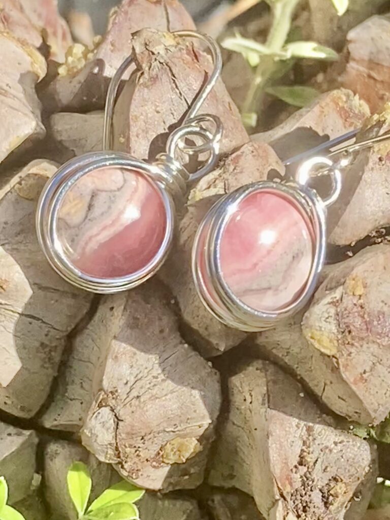 Beautiful gemstone tiny Rhodochrosite dangle earrings hand wrapped in sterling silver wire.