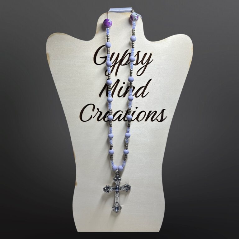 Lavender Silver Cross Pendant Bead Necklace 1