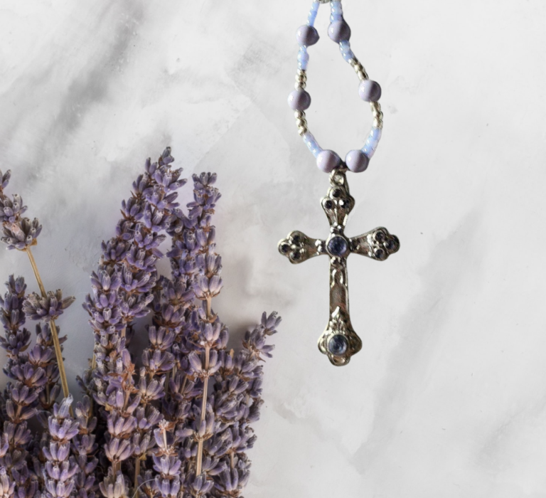 Lavender Silver Cross Pendant Bead Necklace 18 20