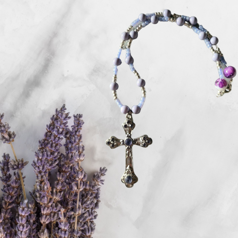 Lavender Silver Cross Pendant Bead Necklace