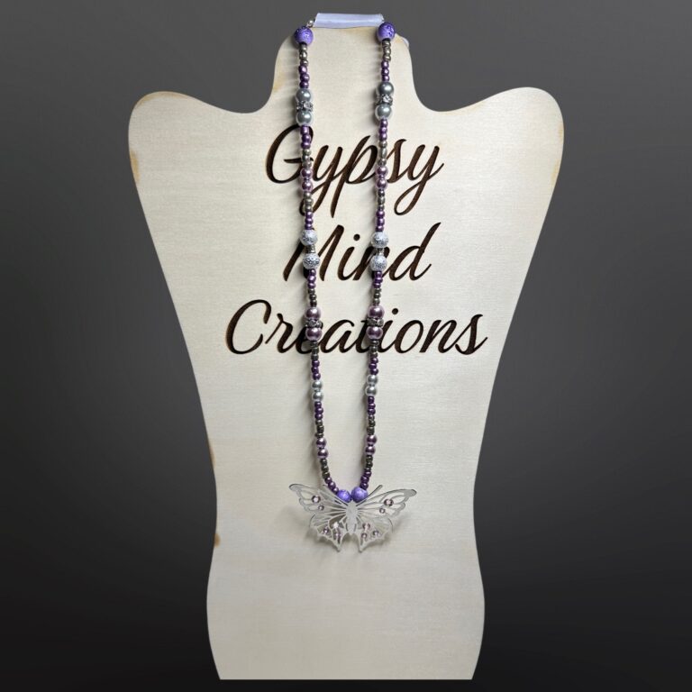 Lilac Silver Butterfly Pendant Bead Necklace 1
