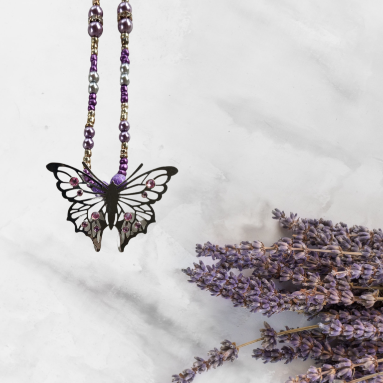 Lilac Silver Butterfly Pendant Bead Necklace 18 20