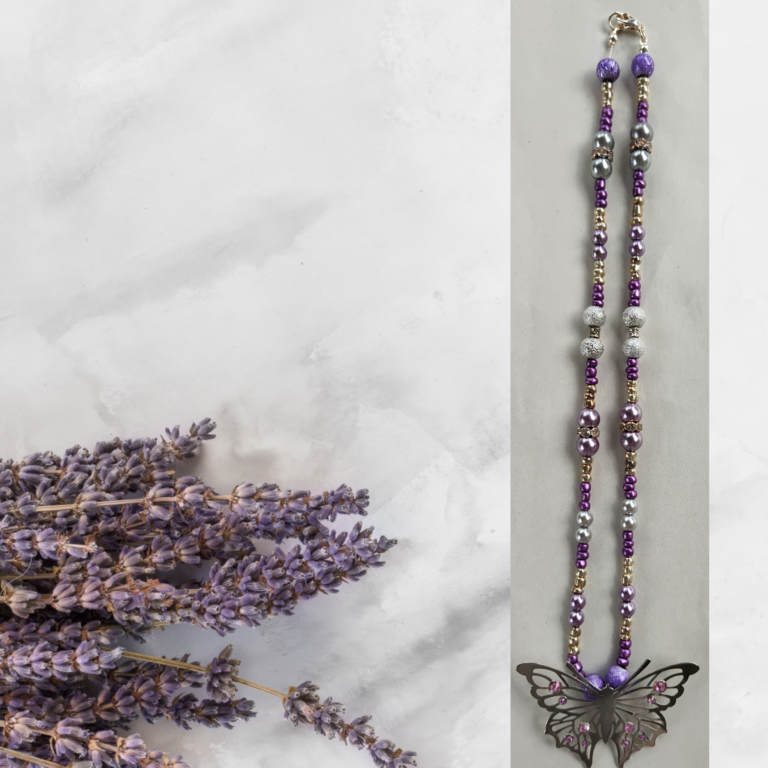 Lilac Silver Butterfly Pendant Bead Necklace