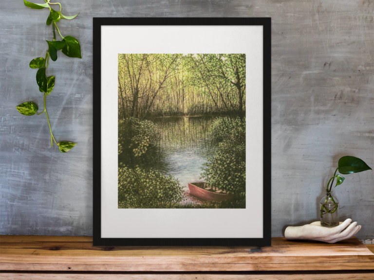 framed art print standing on a wooden desk against a concrete wall near a hand decoration a10403 2 1