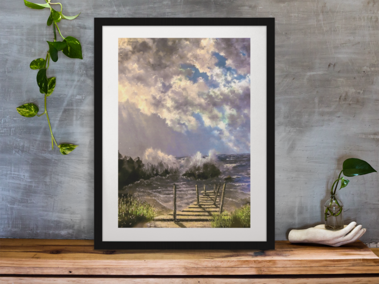 framed art print standing on a wooden desk against a concrete wall near a hand decoration a10403 2