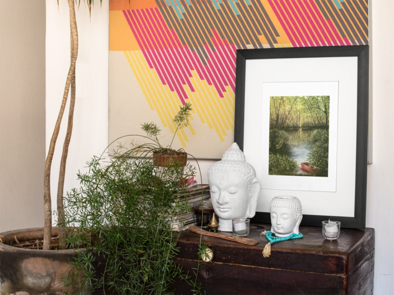 framed art print template on a table with decorations near a plant a14774 2