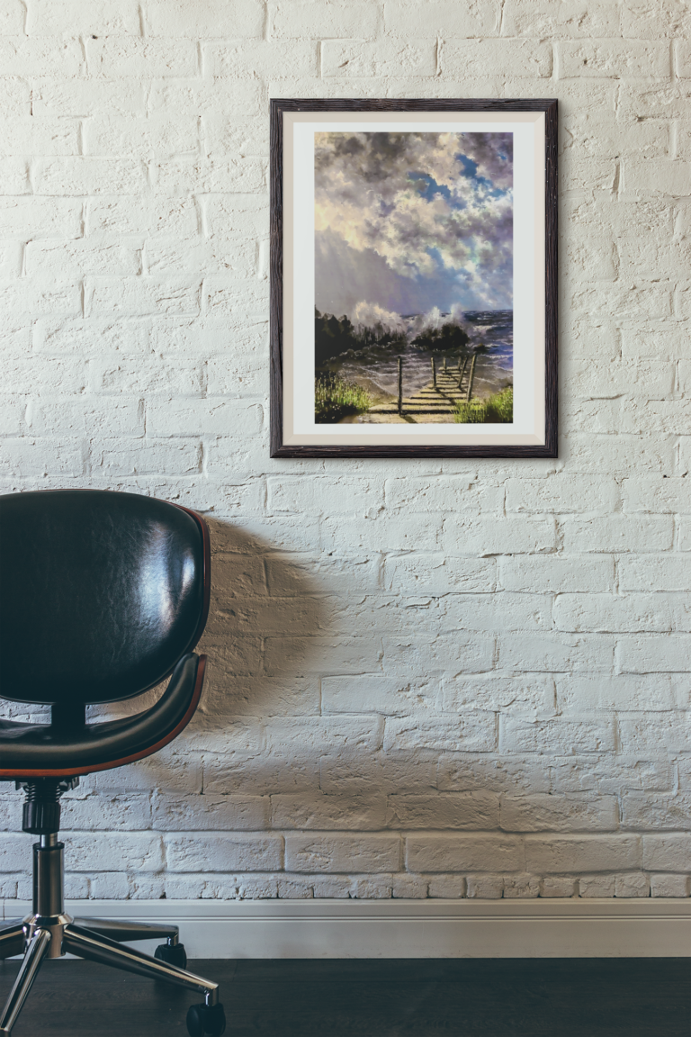 mockup of a hanging art print featuring an office chair 3912 el1