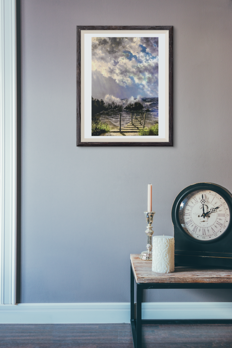 mockup of an art print frame in a room with a clock 3917 el1 2