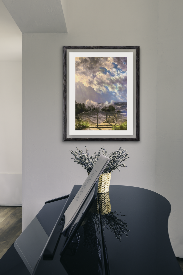 mockup of an art print hanging by a piano 3947 el1