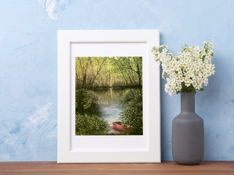 mockup of an art print next to a vase filled with flowers 36007 r el2