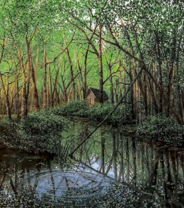 The foreground is a lake with reflections of the surrounding forest. Lake has a large, rounded ripple in the foreground. There is a shed on right side of the bank.