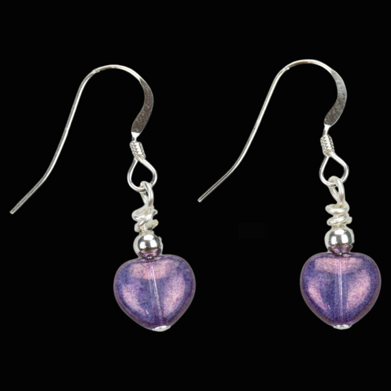 Purple heart earrings with silver ear wires