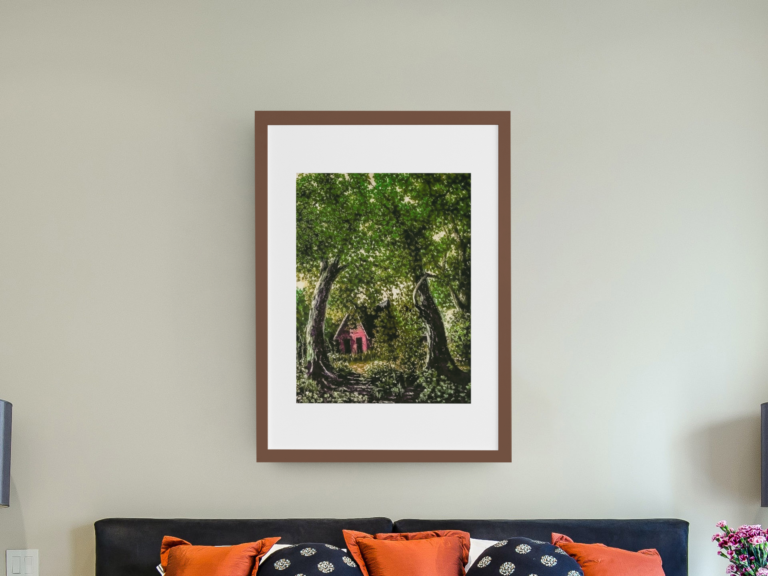 art print mockup placed over a bed m963 el1