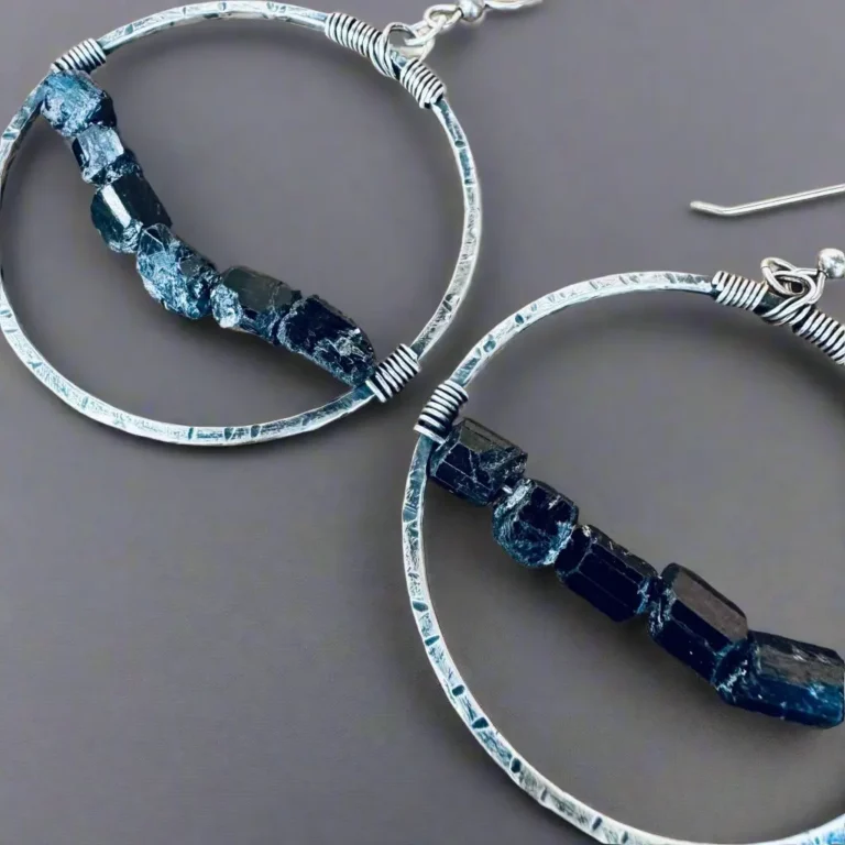 Elegant Raw Blackack Tourmaline Earring | Hand Hammered Sterling Silver Hoops