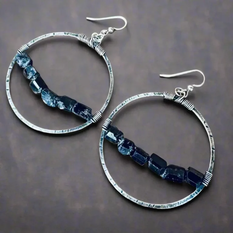 Elegant Raw Blackack Tourmaline Earring | Hand Hammered Sterling Silver Hoops