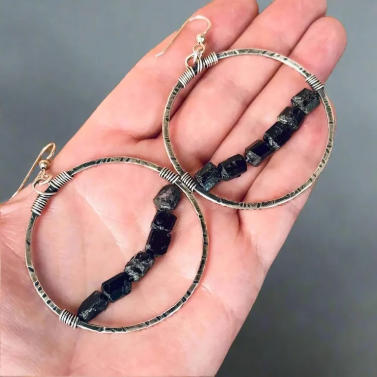 Elegant Raw Blackack Tourmaline Earring | Hand Hammered Sterling Silver Hoops