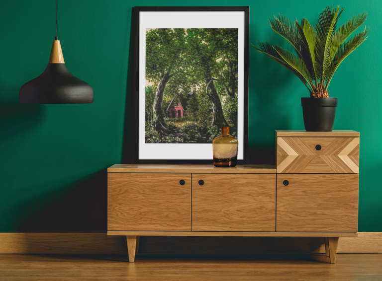 mockup featuring a framed art print placed against a green wall 38894 r el2