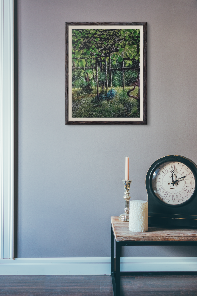 mockup of an art print frame in a room with a clock 3917 el1 1 1