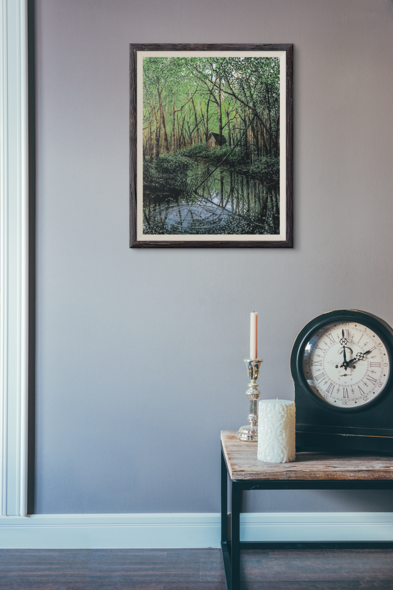 mockup of an art print frame in a room with a clock 3917 el1 1