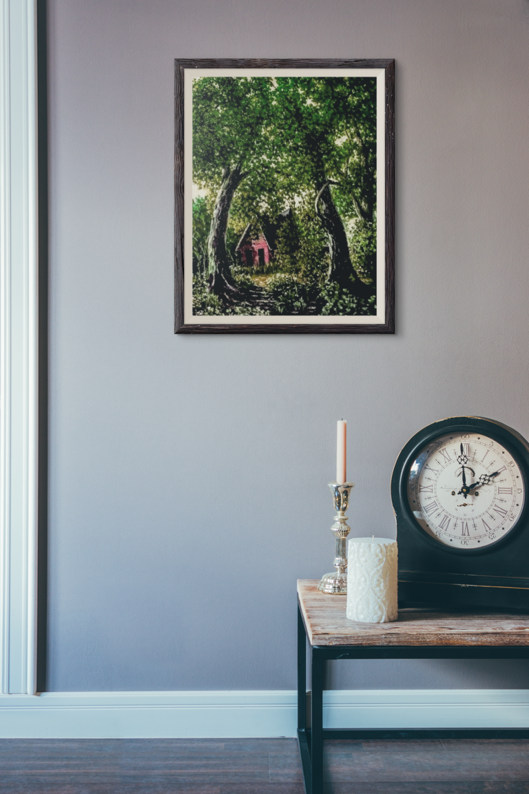 mockup of an art print frame in a room with a clock 3917 el1
