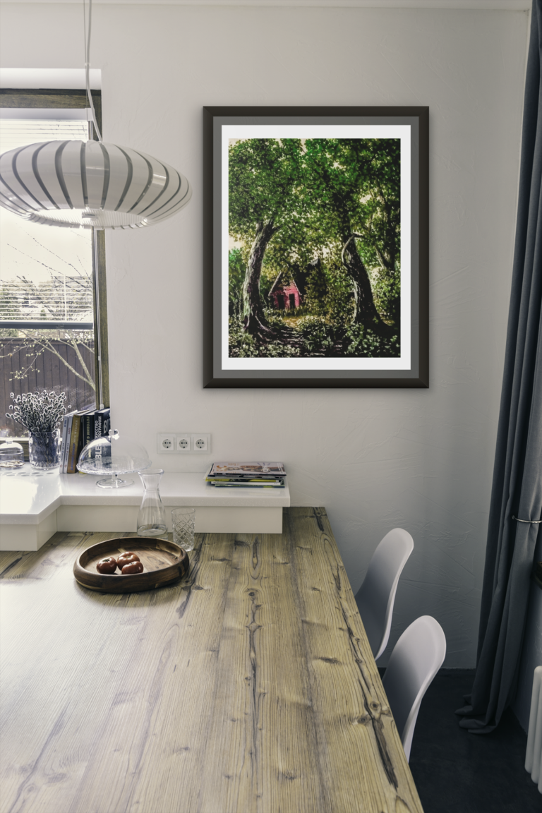mockup of an art print frame placed in a modern dining room 3941 el1