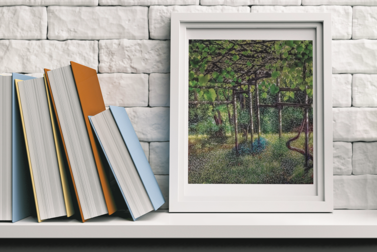 mockup of an art print placed by a book collection 36293 r el2 1