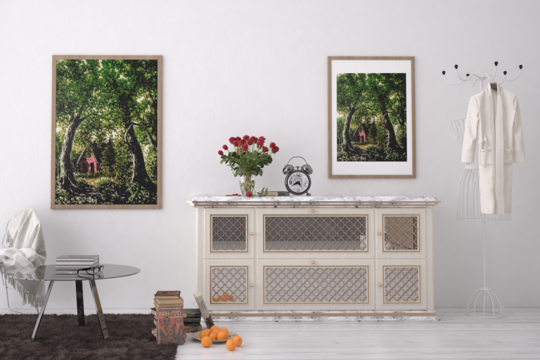mockup of two framed art prints placed on a modern room s wall 3931 el1