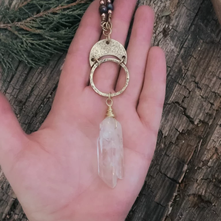 quartz double point necklace brass studio athene noctua blackbird sage 690207