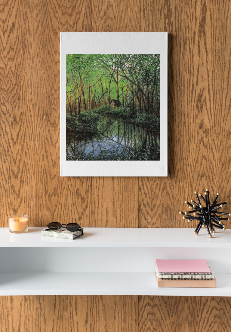 vertical canvas print mockup hanging in a room with minimalist furniture 25859