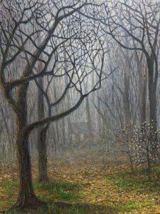 Foggy scene from Fall/Winter. In the foreground, colorful autumn leaves surround two barren trees, creating a path that leads to a house shrouded in mist in the background. The house features two dimly lit windows that glow softly through the foggy atmosphere.
