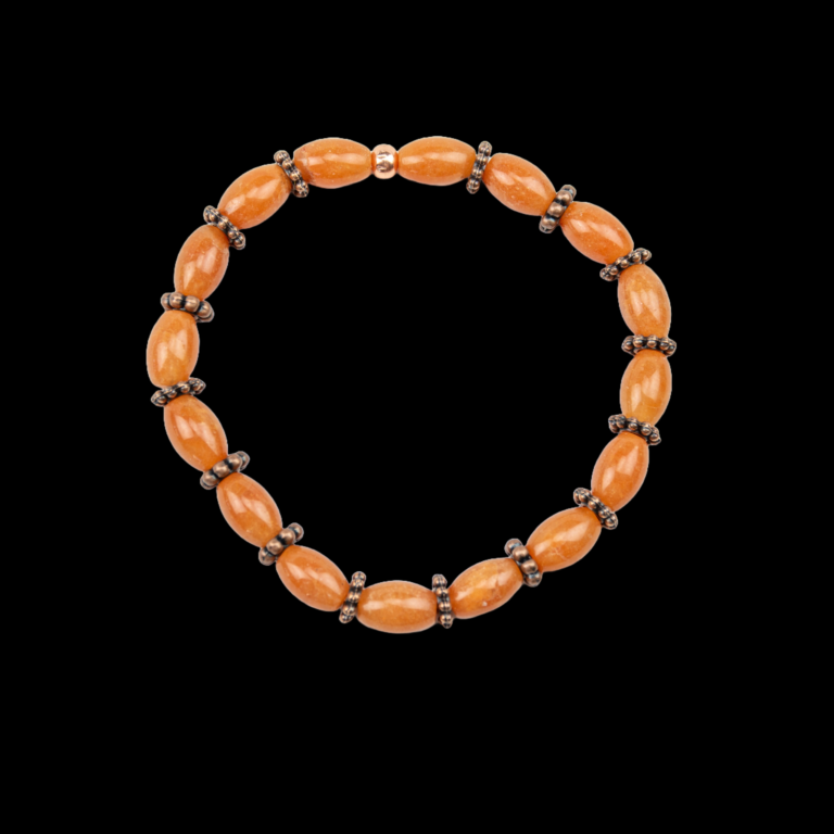 Red Agate and copper stretch bracelet on a black background