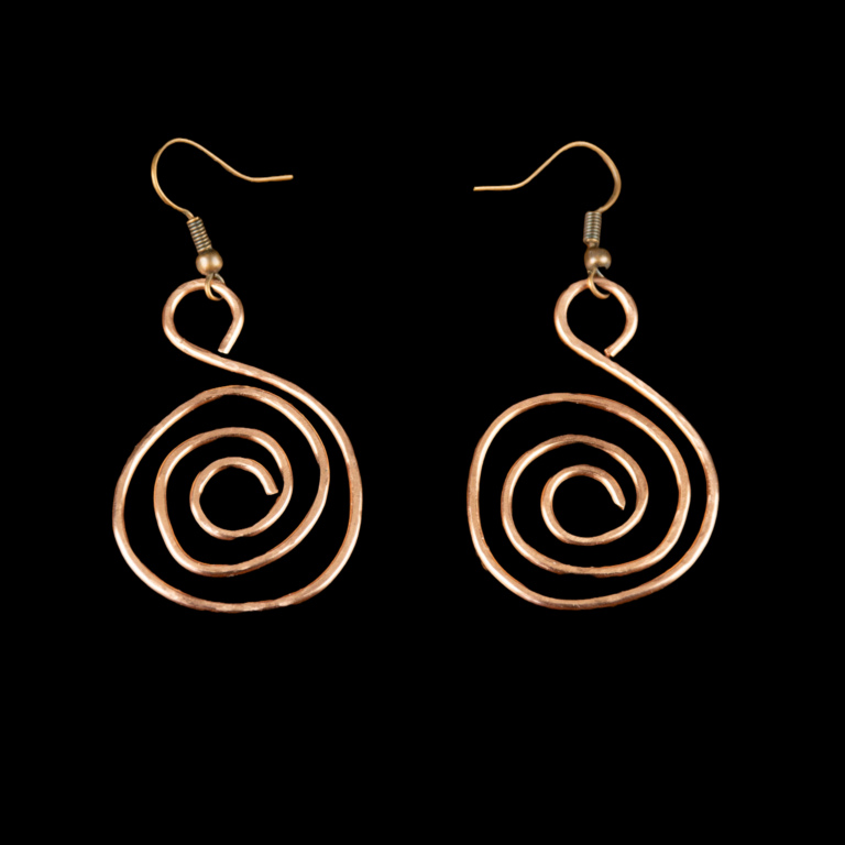 Hammered Copper Swirl Earrings on a black background