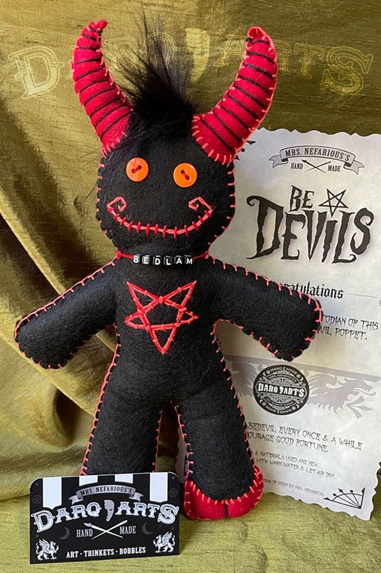 Bedevils. Name Bedlam. Black soft felt body with bright red accents. Full front view.