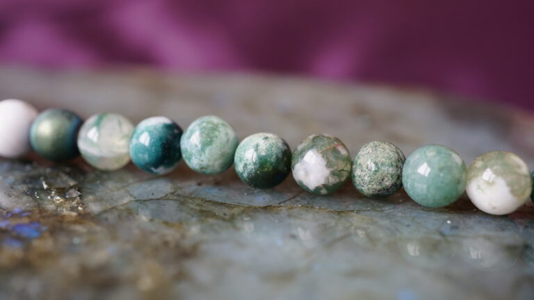 Macro shot of moss agate beads