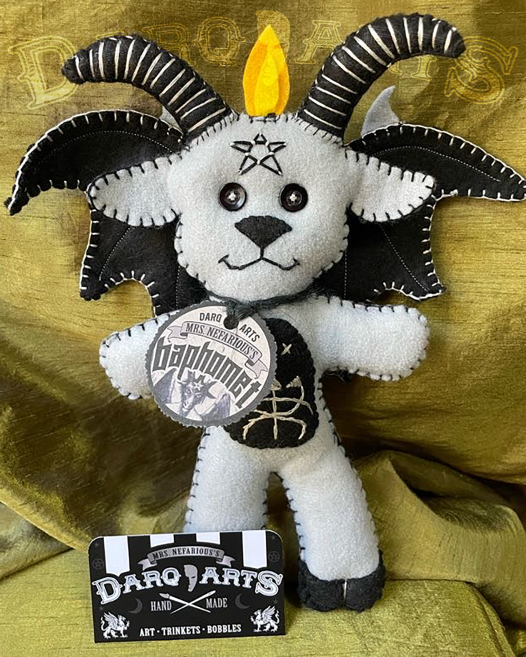 Baphomet front full view of adorable soft felt poppet handmade by Mrs. Nefarious of Darq.arts. Light gray body with black wings, horns, hooves and tummy. Eternal flame on top of head.