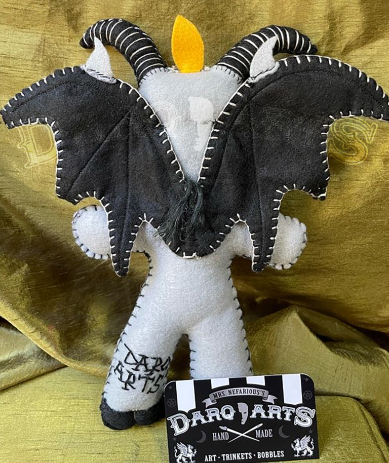 Baphomet back full view of adorable soft felt poppet handmade by Mrs. Nefarious of Darq.arts. Light gray body with black wings, horns, hooves and tummy. Eternal flame on top of head.