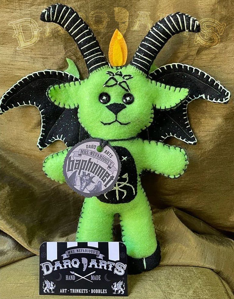 Baphomet front full view of adorable soft felt poppet handmade by Mrs. Nefarious of Darq.arts. Bright green body with sparkle black wings, horns, hooves and tummy. Eternal flame on top of head.